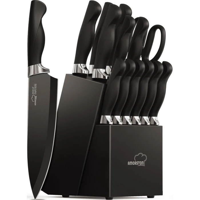 Amorston Knife Set, 15 Pieces Kitchen Knives Set with Block and Built in Sharpener, Dishwasher Safe Knife Block Set, German Stainless Steel Knife Block Set for Home Kitchen Gifts, Black by Amorston - Used - Like New condition