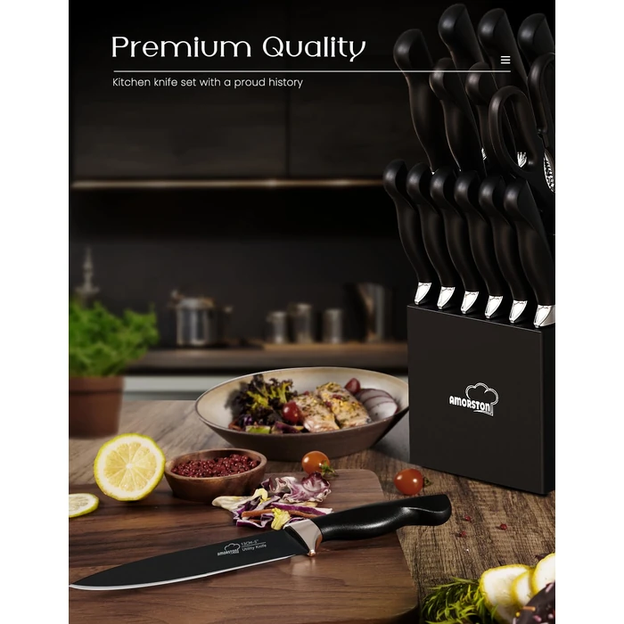 Amorston Knife Set, 15 Pieces Kitchen Knives Set with Block and Built in Sharpener, Dishwasher Safe Knife Block Set, German Stainless Steel Knife Block Set for Home Kitchen Gifts, Black by Amorston - Image 2