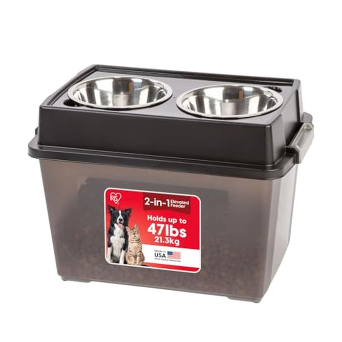 IRIS USA Dog Bowls Elevated with Storage, 15" H Raised Feeding Station, Dog Bowl Stand with Airtight Food Storage Holds 47 lbs, 2 Removable 64 oz Stainless Steel Bowls for Large Dogs, Smoke/Black by IRIS USA - Used - Acceptable condition