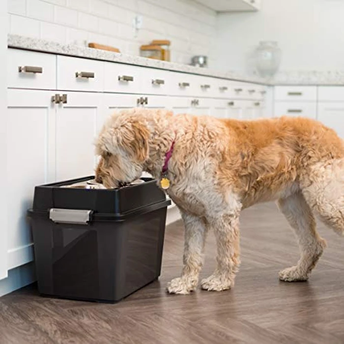 IRIS USA Dog Bowls Elevated with Storage, 15" H Raised Feeding Station, Dog Bowl Stand with Airtight Food Storage Holds 47 lbs, 2 Removable 64 oz Stainless Steel Bowls for Large Dogs, Smoke/Black by IRIS USA - Image 3