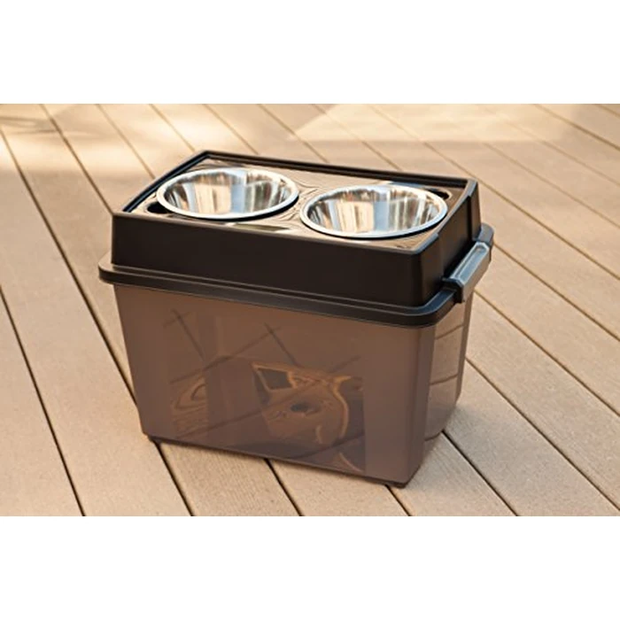 IRIS USA Dog Bowls Elevated with Storage, 15" H Raised Feeding Station, Dog Bowl Stand with Airtight Food Storage Holds 47 lbs, 2 Removable 64 oz Stainless Steel Bowls for Large Dogs, Smoke/Black by IRIS USA - Image 4