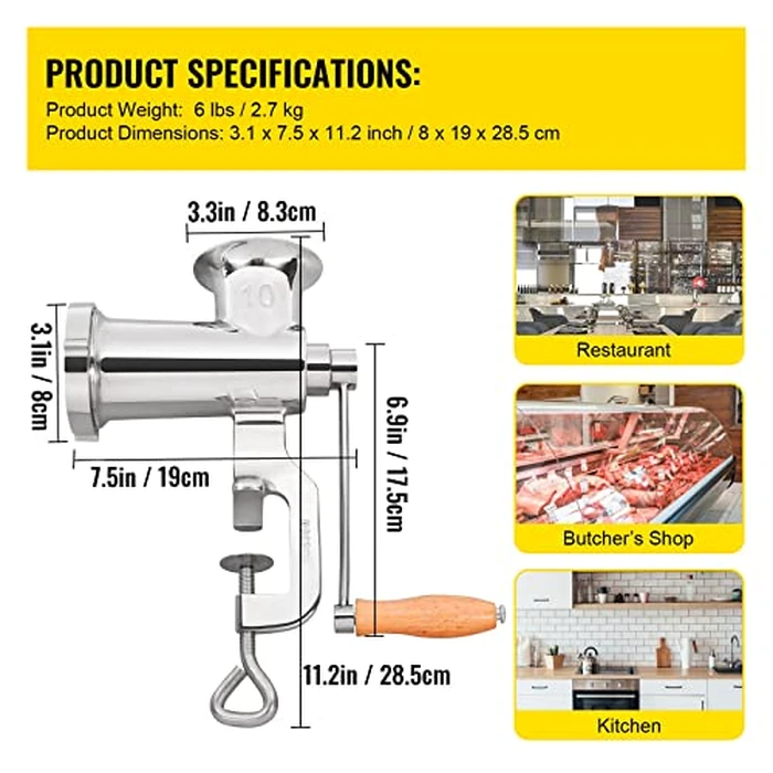 VEVOR Meat Grinders, All Parts Stainless Steel, Hand Operated Meat Grinding Machine with Tabletop Clamp, 2 Grinding Plates & Sausage Stuffer, Ideal for Home Kitchen Restaurant Butcher’s Shop by VEVOR - Image 2
