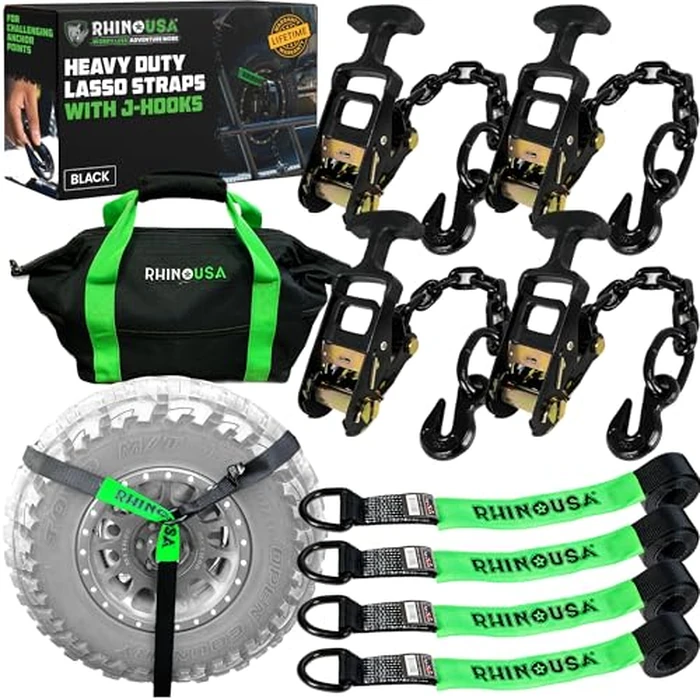 Rhino USA Car Tie Down Straps with J Hooks - 4 Pack 2" x8' - 10,000lbs Break Strength - Heavy Duty T-Handle Car Hauler Tire Lasso Wheel Straps for Trailers, UTV & Powersports - Black by Rhino USA - Image 1