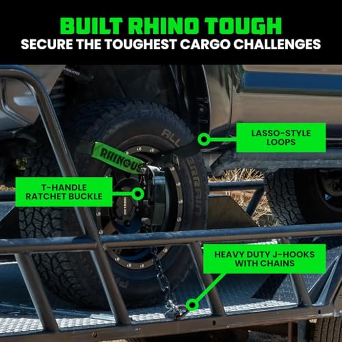 Rhino USA Car Tie Down Straps with J Hooks - 4 Pack 2" x8' - 10,000lbs Break Strength - Heavy Duty T-Handle Car Hauler Tire Lasso Wheel Straps for Trailers, UTV & Powersports - Black by Rhino USA - Image 2