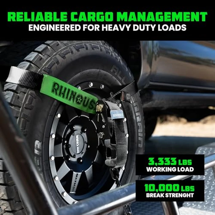 Rhino USA Car Tie Down Straps with J Hooks - 4 Pack 2" x8' - 10,000lbs Break Strength - Heavy Duty T-Handle Car Hauler Tire Lasso Wheel Straps for Trailers, UTV & Powersports - Black by Rhino USA - Image 4