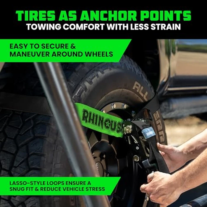Rhino USA Car Tie Down Straps with J Hooks - 4 Pack 2" x8' - 10,000lbs Break Strength - Heavy Duty T-Handle Car Hauler Tire Lasso Wheel Straps for Trailers, UTV & Powersports - Black by Rhino USA - Image 5
