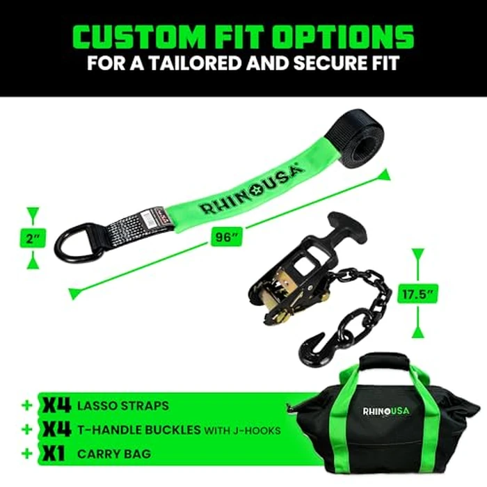 Rhino USA Car Tie Down Straps with J Hooks - 4 Pack 2" x8' - 10,000lbs Break Strength - Heavy Duty T-Handle Car Hauler Tire Lasso Wheel Straps for Trailers, UTV & Powersports - Black by Rhino USA - Image 6