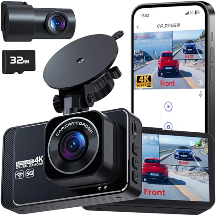 DELLFY Dash Cam Front and Rear Camera with App Control, 4K+2K Dashcams for Cars with 5G WiFi, Night Vision, G-Sensor, Loop Recording & 24H Parking Mode, 170 degreesWide Angle, 32GB Card by DELLFY - Used - Like New condition - CA$68.39