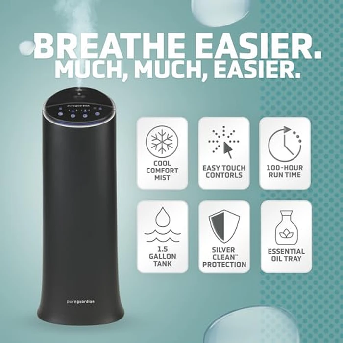 PureGuardian H3200BAR Ultrasonic Cool Mist Humidifier for Bedrooms, Babies Nursery, Quiet, Filter-Free, 7.5L Output Up to 90 Hour Run Time, 1.5 Gallon Silver Clean Treated Tank, Pure Guardian Tower by PureGuardian - Image 2
