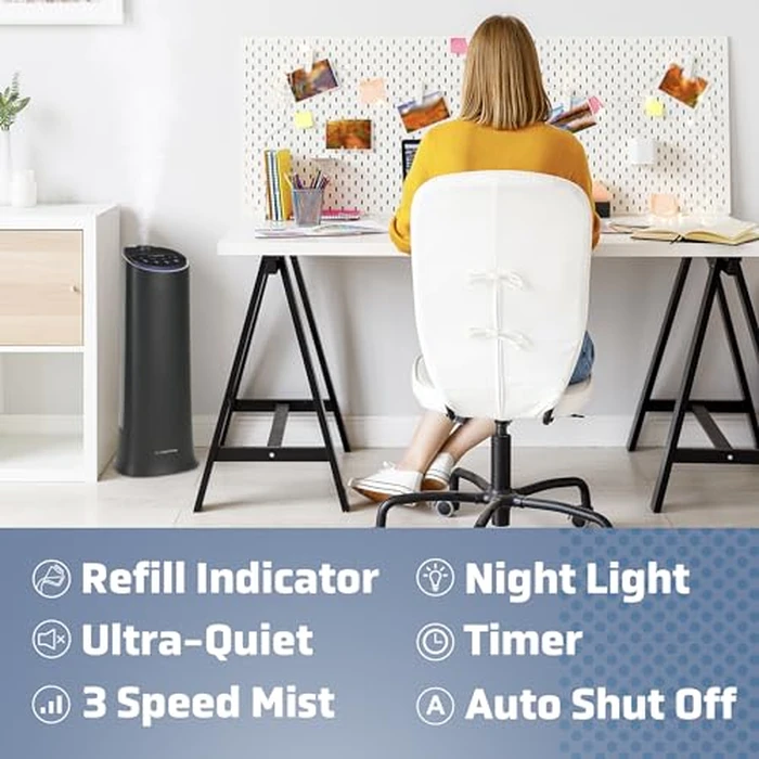 PureGuardian H3200BAR Ultrasonic Cool Mist Humidifier for Bedrooms, Babies Nursery, Quiet, Filter-Free, 7.5L Output Up to 90 Hour Run Time, 1.5 Gallon Silver Clean Treated Tank, Pure Guardian Tower by PureGuardian - Image 3