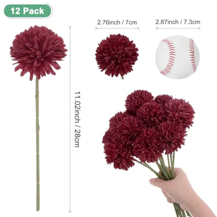 M METERXITY 12-Pack Artificial Chrysanthemum Ball Flowers, 11 Inch Faux Chrysanthemum Silk Bouquets Real Touch Faux Flowers for Home/Wedding/Christmas/Party[Wine Red] by M METERXITY - Image 3