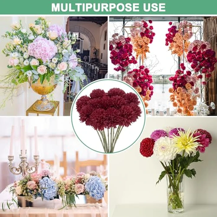 M METERXITY 12-Pack Artificial Chrysanthemum Ball Flowers, 11 Inch Faux Chrysanthemum Silk Bouquets Real Touch Faux Flowers for Home/Wedding/Christmas/Party[Wine Red] by M METERXITY - Image 6