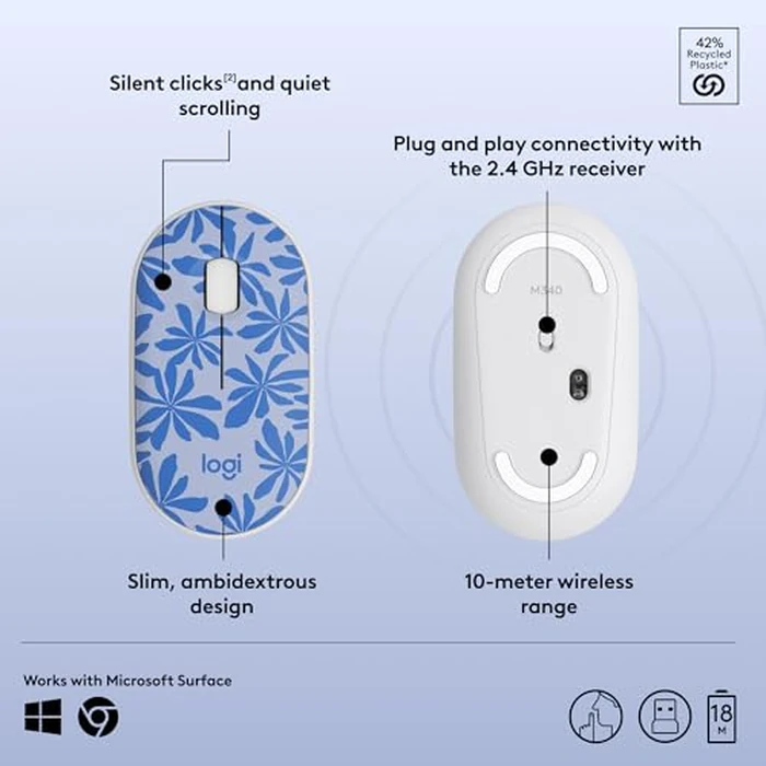 Logitech M340 Wireless Mouse with Limited Edition Prints, USB Receiver and Silent Clicks, Portable Wireless Mouse for Laptop, PC, Windows, Chrome, Surface - Blue Floral by Logitech - Image 7