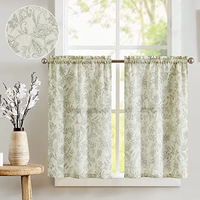 jinchan Floral Kitchen Curtains for Windows 24 Inch Linen Tier Farmhouse Cafe Curtains Country Botanic Small Window Rod Pocket Rustic Flax for Laundry Bathroom RV 2 Panels Sage Green on Beige by jinchan - Used - Very Good condition - US$15.26