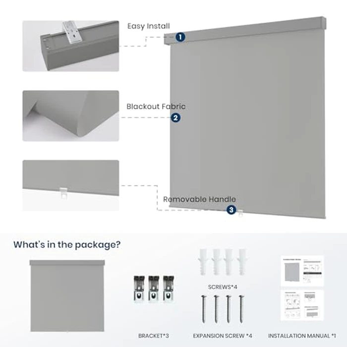 Dephora Blackout Cordless Roller Shades Blinds for Windows,Free-Stop Window Shades Pull Down,Blackout Blinds for Indoor Windows,Home,Office,Thermal Insulated Fabric, UV Protection,Grey,41" W x 72" H by Dephora - Image 6