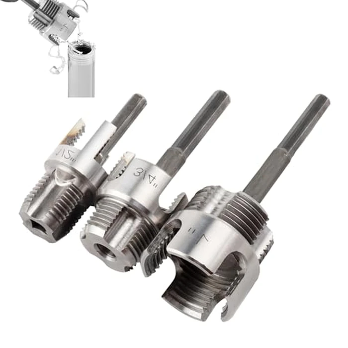 3Pcs Integrated Internal & External Pipe Threading Tool, Bestgle Dual-Function Pipe Thread Cutting Tool for 1/2" & 3/4"& 1" PVC/Plastic Pipes, Electric Drill Compatible Pipe Threader Kit by Bestgle - Used - Like New condition