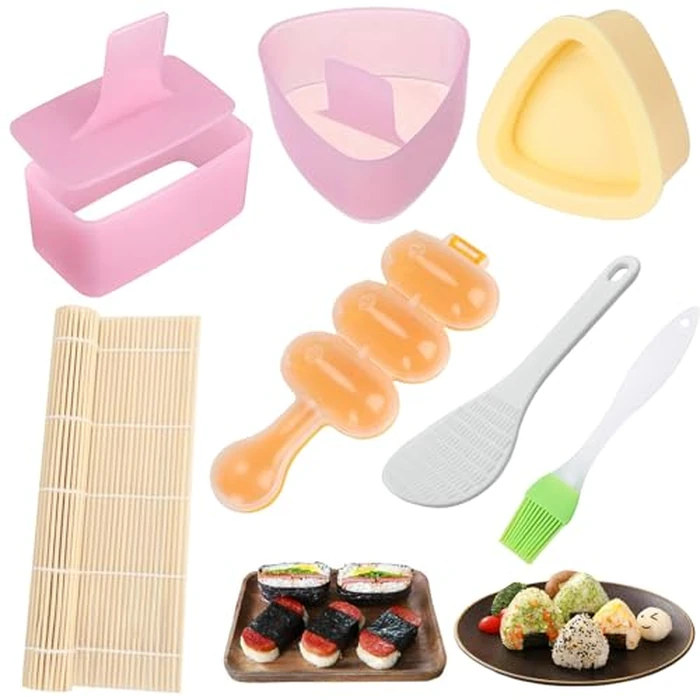 7 Pack Onigiri Rice Mold, Musubi Maker Kit, Non-Stick Spam Press, Ball Shaker, Sushi Roller Mat Tool for Kids Bento Lunch and Home DIY (7pc Pink Musubi Mold) by Zuaklpton - Used - Like New condition - CA$15.17
