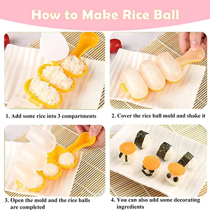 7 Pack Onigiri Rice Mold, Musubi Maker Kit, Non-Stick Spam Press, Ball Shaker, Sushi Roller Mat Tool for Kids Bento Lunch and Home DIY (7pc Pink Musubi Mold) by Zuaklpton - Image 3