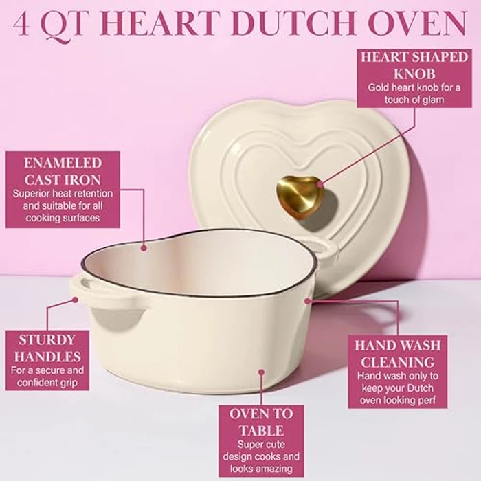 Paris Hilton Enameled Cast Iron Dutch Oven Heart-Shaped Pot with Lid, Dual Handles, Works on All Stovetops, Oven Safe to 500 degreesF, 4-Quart, Cream by Paris Hilton - Image 6