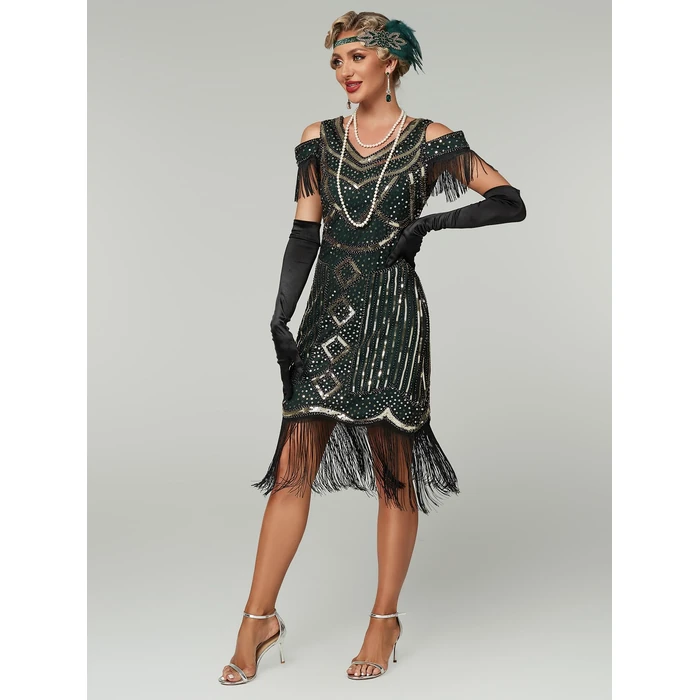 MTITE Great Gatsby Dresses 1920s for Women, Vintage Long Fringe Dress Roaring 20s Sequins Beaded Dress with Accessories Set (GREEN, S) by MTITE - Used - Like New condition