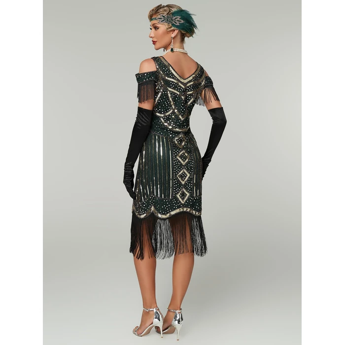 MTITE Great Gatsby Dresses 1920s for Women, Vintage Long Fringe Dress Roaring 20s Sequins Beaded Dress with Accessories Set (GREEN, S) by MTITE - Image 2