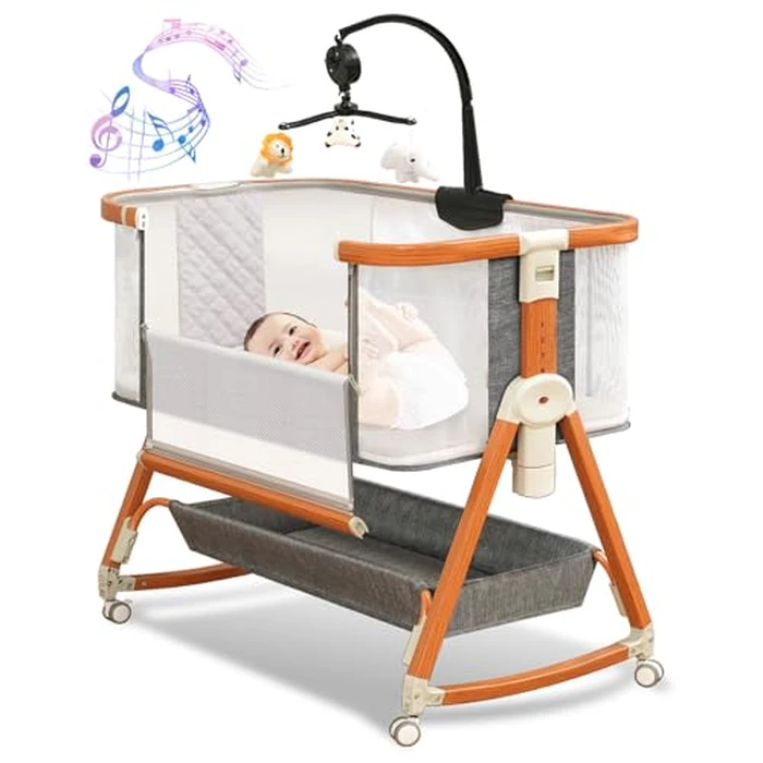 3 in 1 Bassinet,Baby Bassinets Bedside Sleeper with Musical Toy,Adjustable Height Bedside Bassinet for Baby with Wheels and Storage Basket,4-Sided Mesh Bedside Crib for Newborn 0-6 Months (Grey) by BLBBLBGDD - Used - Very Good condition - CA$148.79