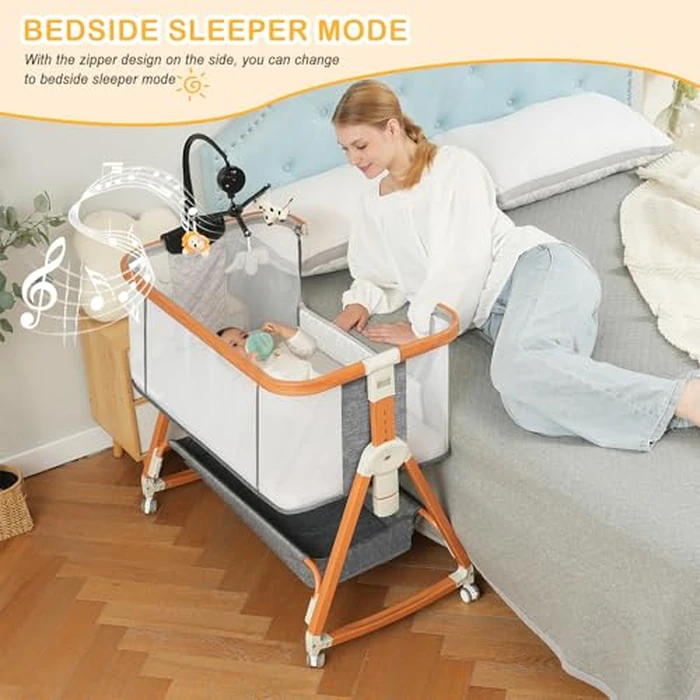 3 in 1 Bassinet,Baby Bassinets Bedside Sleeper with Musical Toy,Adjustable Height Bedside Bassinet for Baby with Wheels and Storage Basket,4-Sided Mesh Bedside Crib for Newborn 0-6 Months (Grey) by BLBBLBGDD - Image 2