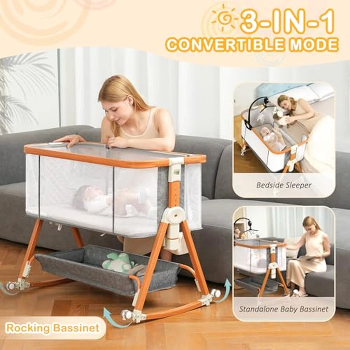 3 in 1 Bassinet,Baby Bassinets Bedside Sleeper with Musical Toy,Adjustable Height Bedside Bassinet for Baby with Wheels and Storage Basket,4-Sided Mesh Bedside Crib for Newborn 0-6 Months (Grey) by BLBBLBGDD - Image 3