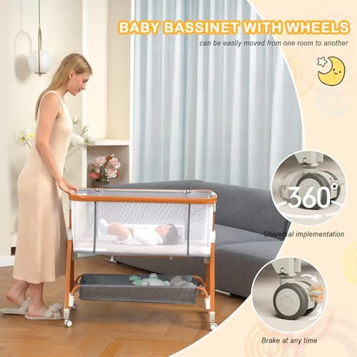 3 in 1 Bassinet,Baby Bassinets Bedside Sleeper with Musical Toy,Adjustable Height Bedside Bassinet for Baby with Wheels and Storage Basket,4-Sided Mesh Bedside Crib for Newborn 0-6 Months (Grey) by BLBBLBGDD - Image 4