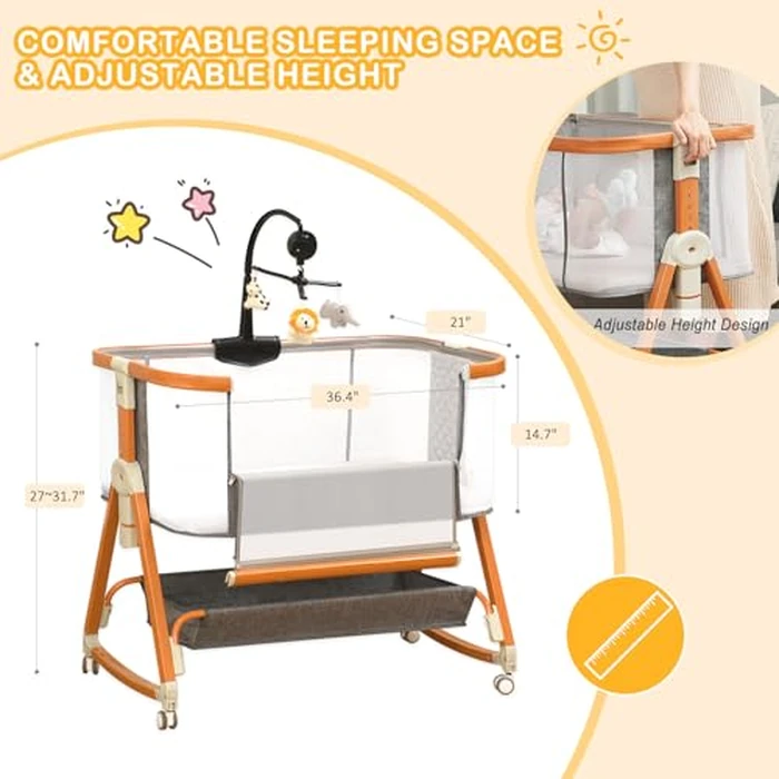 3 in 1 Bassinet,Baby Bassinets Bedside Sleeper with Musical Toy,Adjustable Height Bedside Bassinet for Baby with Wheels and Storage Basket,4-Sided Mesh Bedside Crib for Newborn 0-6 Months (Grey) by BLBBLBGDD - Image 5