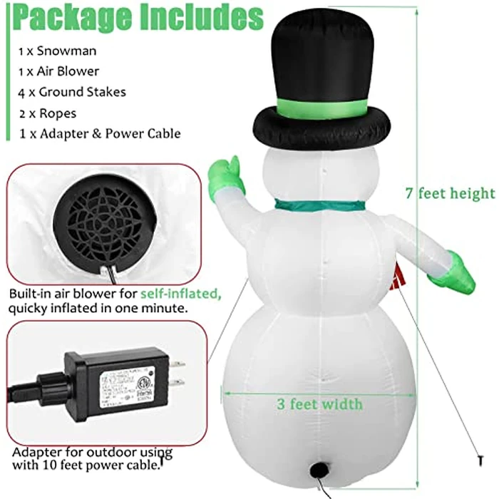 7 FT Christmas Inflatables Snowman Outdoor Yard Decorations, Christmas Blow up Snow Man with LED Lights & Black Hat, Winter Outside Decor for Holiday Party Patio Garden Lawn, Xmas New Year Kids Gifts by Thanger - Image 6