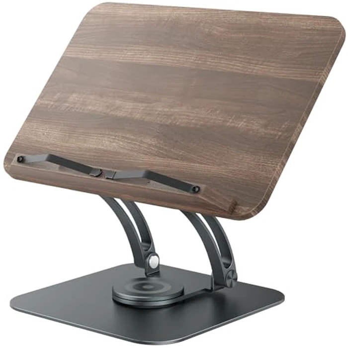 Tounee Book Stand for Reading, Adjustable Book Holder with 360 degrees Swivel Base, Foldable Cookbook Stand Recipe Book Holder with Elastic Page Clips for Music Scores, Recipe, Tablet, Laptop-Gray by tounee - Used - Acceptable condition - US$21.54