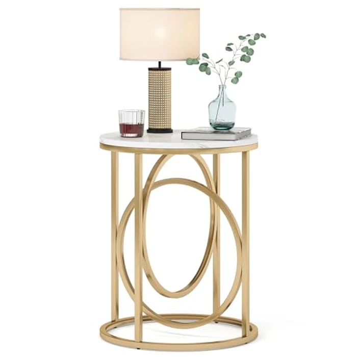 LITTLE TREE 20” Round End Table，Modern Sofa Side Table with Gold O-Shaped Base, Faux Marble White Cocktail Table Accent Table Nightstand for Living Room Bedroom by LITTLE TREE - Used - Very Good condition
