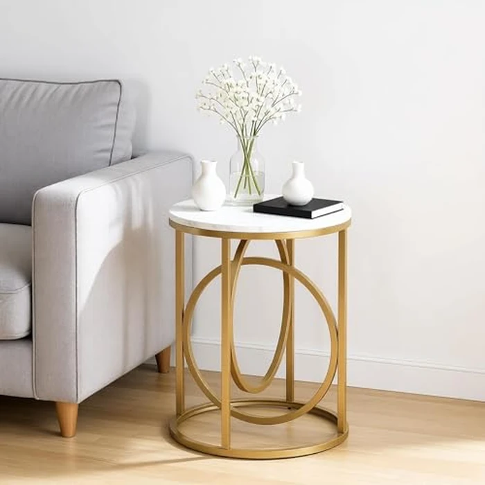 LITTLE TREE 20” Round End Table，Modern Sofa Side Table with Gold O-Shaped Base, Faux Marble White Cocktail Table Accent Table Nightstand for Living Room Bedroom by LITTLE TREE - Image 6