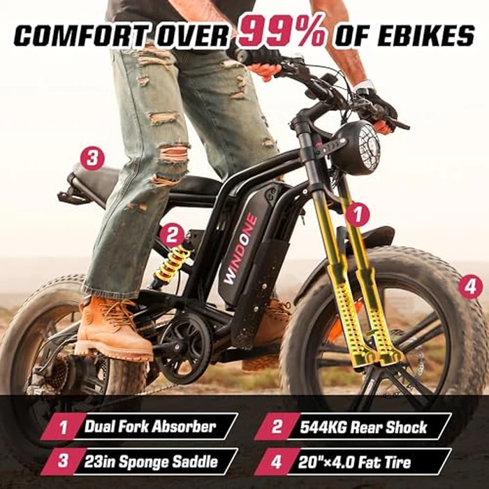 Windone E2X Electric Bike for Adults, Full Suspension, 48V13Ah Removable Battery, Up to 45KM/H & 75KM (PAS), 1000W Peak Ebike with All-Terrain 4.0" Fat Tires, UL Certified, Moped E-Bike by Windone - Image 4