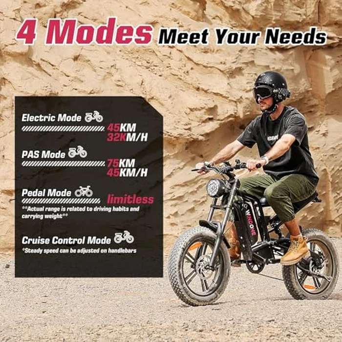 Windone E2X Electric Bike for Adults, Full Suspension, 48V13Ah Removable Battery, Up to 45KM/H & 75KM (PAS), 1000W Peak Ebike with All-Terrain 4.0" Fat Tires, UL Certified, Moped E-Bike by Windone - Image 5