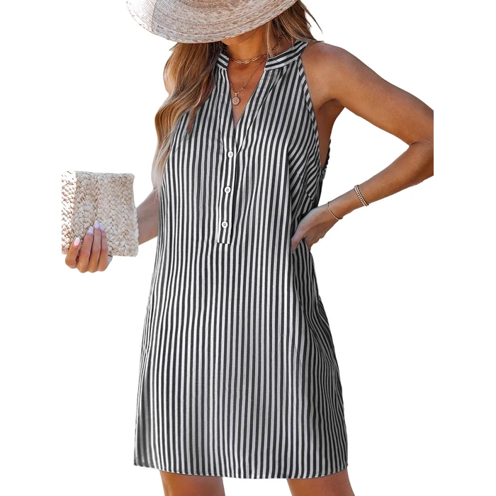 CUPSHE Women’s Summer Dresses 2025 Sleeveless V Neck Striped Lightweight Casual Mini Dress Black M by CUPSHE - Used - Like New condition - US$37.99