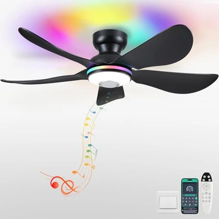 Kviflon 46" Ceiling Fans with RGB Lights Remote/APP Control, Low Profile, 3 CCT Dimmable White Lights+RGB Ring Lights+Music Player, 5 Reversible Plastic Blades 6 Speeds for Kidsroom, Black by Kviflon - Used - Very Good condition