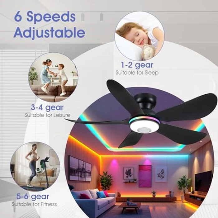 Kviflon 46" Ceiling Fans with RGB Lights Remote/APP Control, Low Profile, 3 CCT Dimmable White Lights+RGB Ring Lights+Music Player, 5 Reversible Plastic Blades 6 Speeds for Kidsroom, Black by Kviflon - Image 2