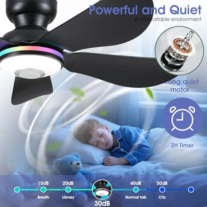 Kviflon 46" Ceiling Fans with RGB Lights Remote/APP Control, Low Profile, 3 CCT Dimmable White Lights+RGB Ring Lights+Music Player, 5 Reversible Plastic Blades 6 Speeds for Kidsroom, Black by Kviflon - Image 5