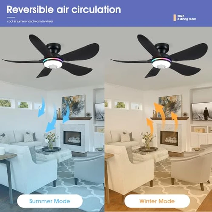 Kviflon 46" Ceiling Fans with RGB Lights Remote/APP Control, Low Profile, 3 CCT Dimmable White Lights+RGB Ring Lights+Music Player, 5 Reversible Plastic Blades 6 Speeds for Kidsroom, Black by Kviflon - Image 8