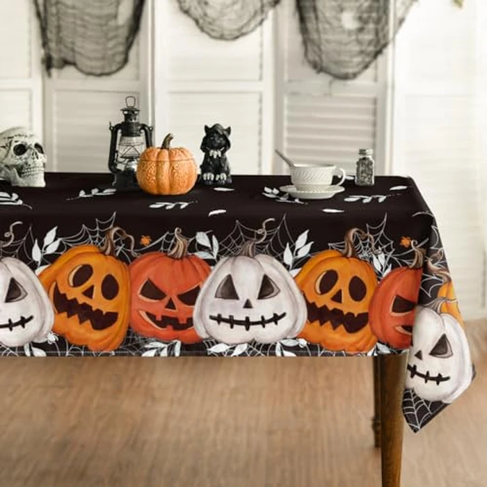 Horaldaily Halloween Tablecloth 60x84 Inch Rectangular, Black Orange Jack-O-Lantern Pumpkin Cobweb Washable Table Cover for Party Picnic Dinner Decor by Horaldaily - Used - Very Good condition - US$15.35