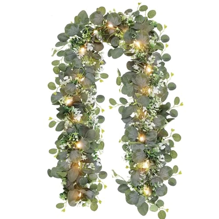 N&T NIETING 1 Pack Artificial Eucalyptus Garland with Lights, 6FT Artificial Greenery Garlands, Battery Operated Twig Vine for Room Stairs Mantle Wedding Holiday Mothers Day Decoration Indoor Outdoor by N&T NIETING - Used - Like New condition - US$13.87