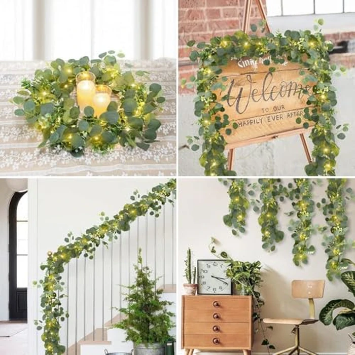 N&T NIETING 1 Pack Artificial Eucalyptus Garland with Lights, 6FT Artificial Greenery Garlands, Battery Operated Twig Vine for Room Stairs Mantle Wedding Holiday Mothers Day Decoration Indoor Outdoor by N&T NIETING - Image 5