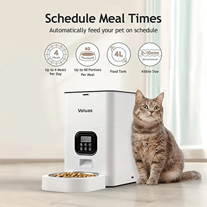 VOLUAS Automatic Cat Feeders - Timed Pet Feeder for Cats and Dogs with Dry Food Dispenser, Desiccant Bag, Programmable Portion Control, 4 Daily Meals, 10s Voice Recorder by Voluas - Used - Acceptable condition