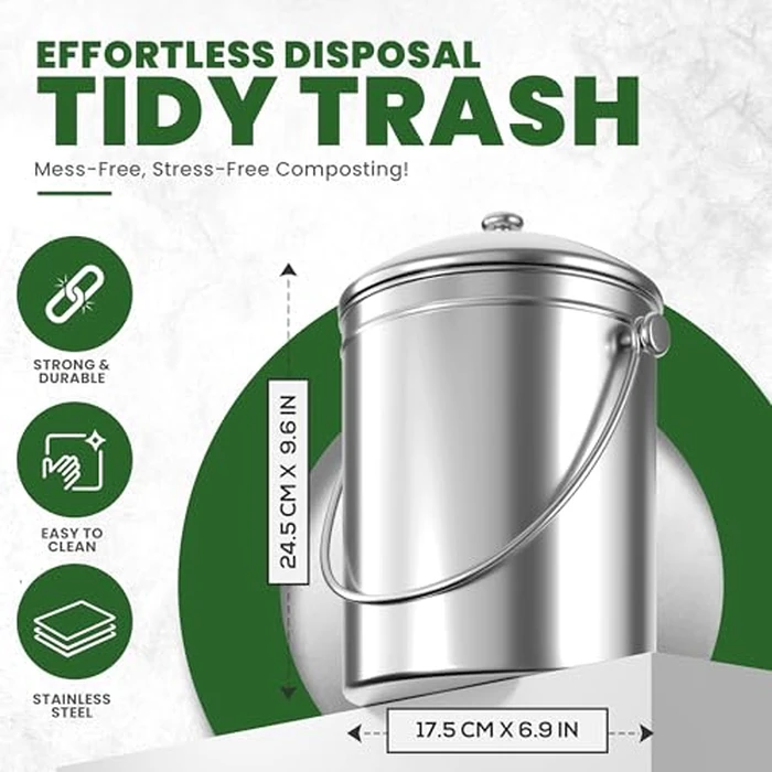 KICHLY Compost Bin, Stainless Steel Bin for Kitchen Countertop, 1.3 Gallon Composting Bucket, Compost Pail with Lid, Includes 1 Spare Charcoal Filter, Silver by KICHLY - Used - Like New condition