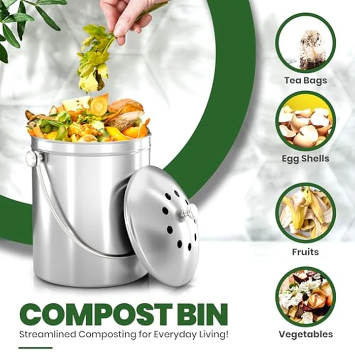 KICHLY Compost Bin, Stainless Steel Bin for Kitchen Countertop, 1.3 Gallon Composting Bucket, Compost Pail with Lid, Includes 1 Spare Charcoal Filter, Silver by KICHLY - Image 2