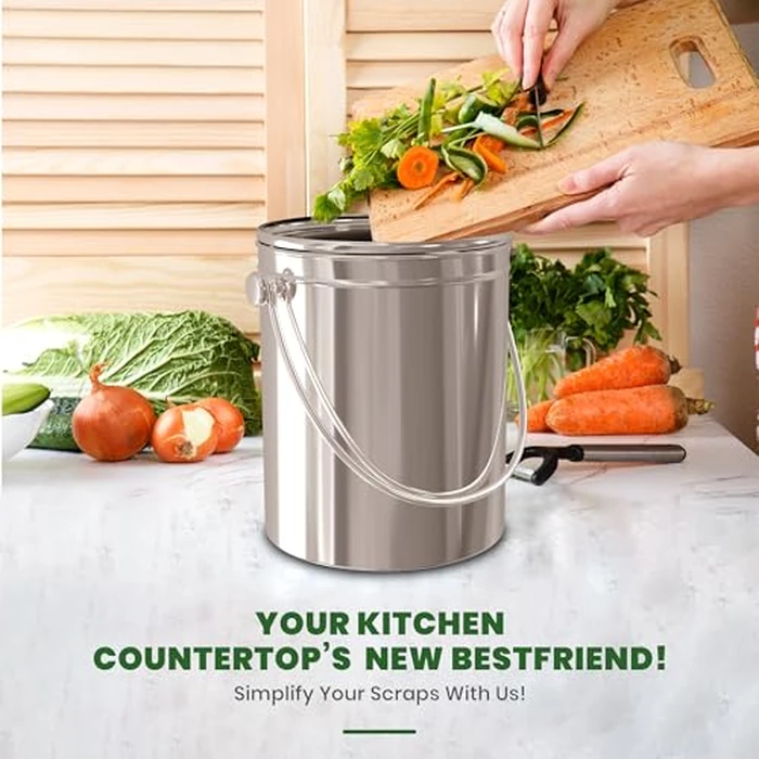 KICHLY Compost Bin, Stainless Steel Bin for Kitchen Countertop, 1.3 Gallon Composting Bucket, Compost Pail with Lid, Includes 1 Spare Charcoal Filter, Silver by KICHLY - Image 4