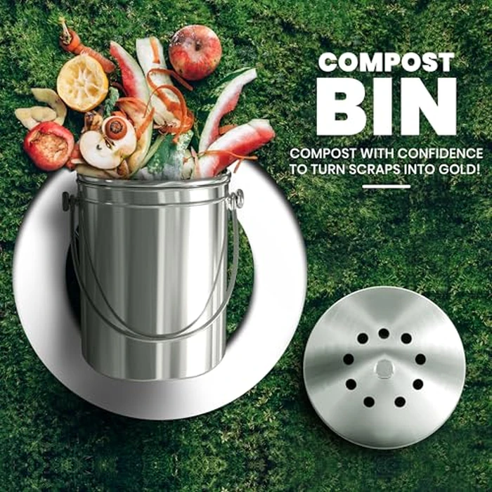 KICHLY Compost Bin, Stainless Steel Bin for Kitchen Countertop, 1.3 Gallon Composting Bucket, Compost Pail with Lid, Includes 1 Spare Charcoal Filter, Silver by KICHLY - Image 6