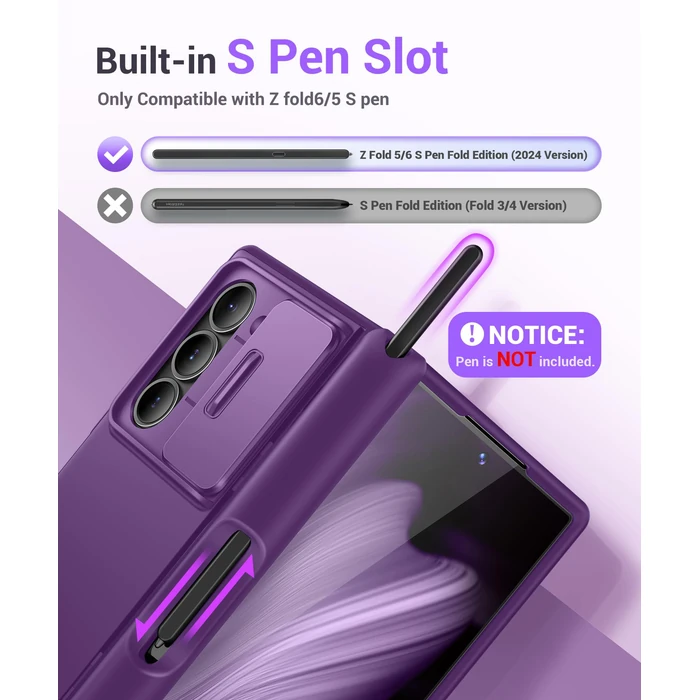 BERFY for Z Fold 6 Case with Screen Protector, Built-in S Pen Holder, Slide Camera Cover, Hidden Kickstand, Full Body Shockproof Slim Phone Case for Samsung Galaxy Z Fold 6, Purple by BERFY - Image 2